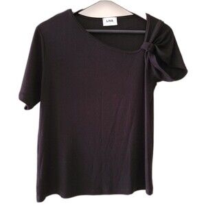 LNA Rio Ruched Black Ribbed Tee Bow Cutout Left Shoulder Size M